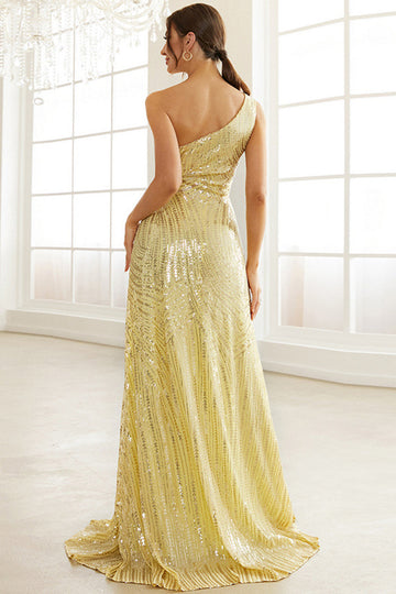 Lysegul One Shoulder Sequined Prom kjole med slids